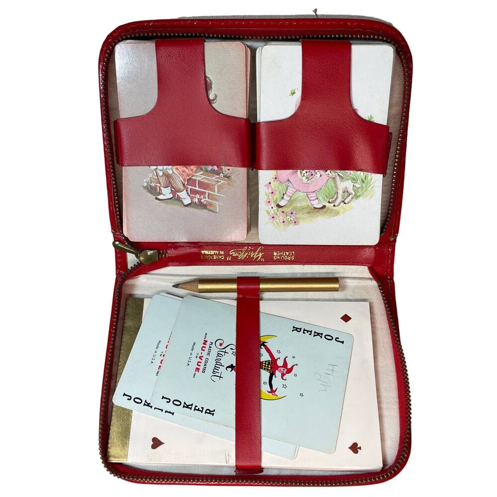 Griffon Leather Red Austrian Playing Cards w Holder Poker Bunco Stardust NuVue